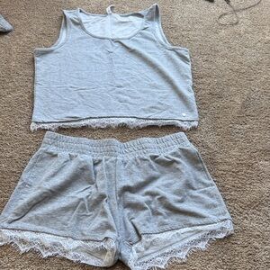 Fabletics Light Gray Lace Trim Pajama Set